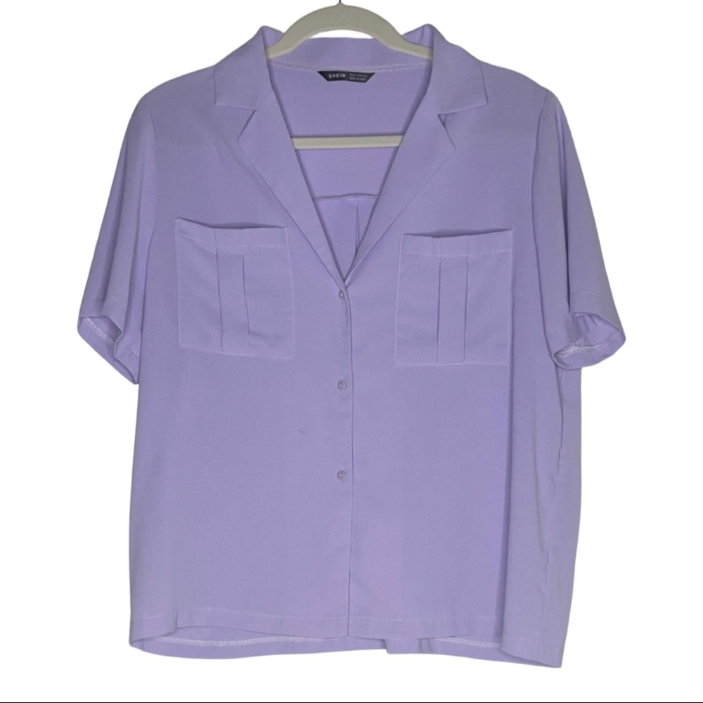 lavender short sleeve collared button down top